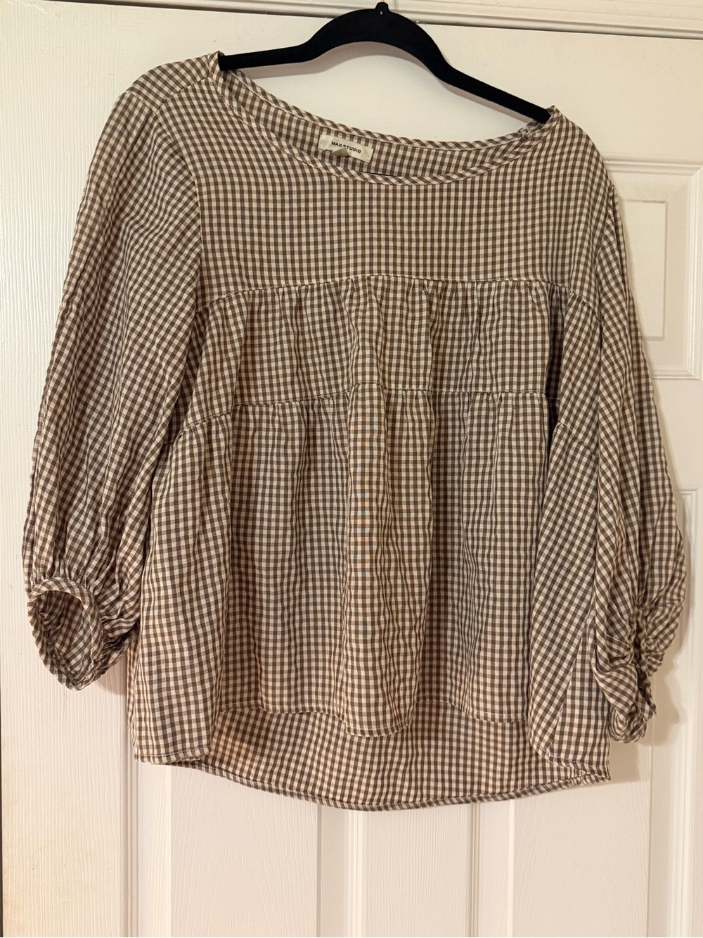 Max Studio Beige Gingham Peasant Blouse